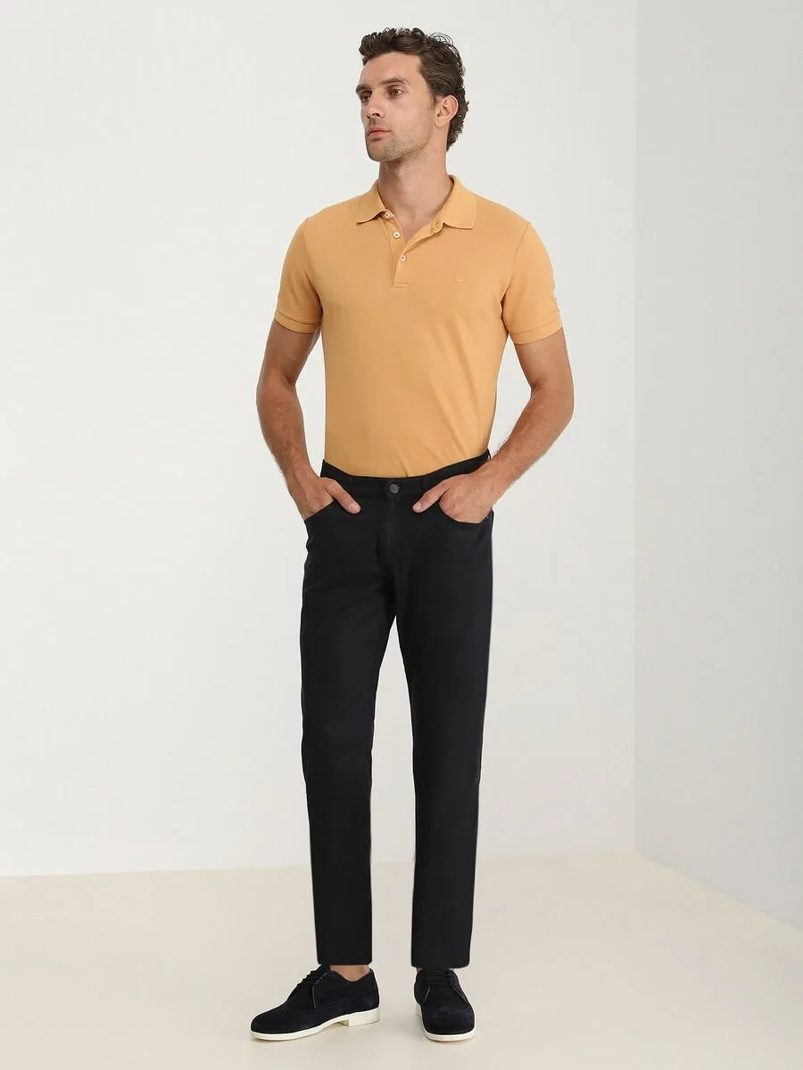 Navy Blue Weaving Slim Fit Casual Cotton Blended Trousers - 2