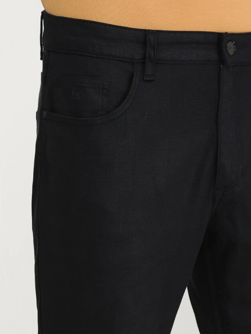 Navy Blue Weaving Slim Fit Casual Cotton Blended Trousers - 3