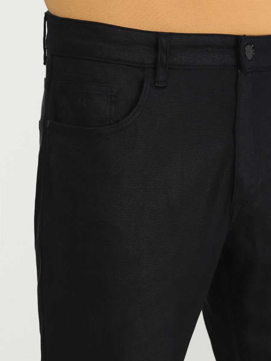 Navy Blue Weaving Slim Fit Casual Cotton Blended Trousers - 3