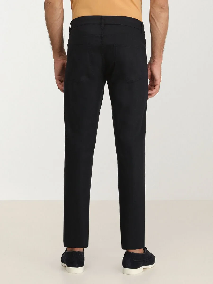 Navy Blue Weaving Slim Fit Casual Cotton Blended Trousers - 4