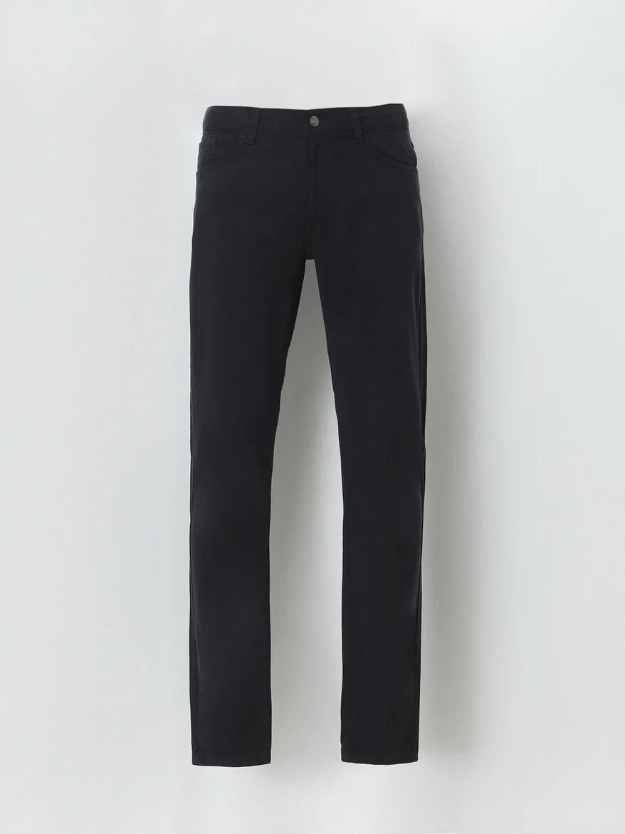 Navy Blue Weaving Slim Fit Casual Cotton Blended Trousers - 5