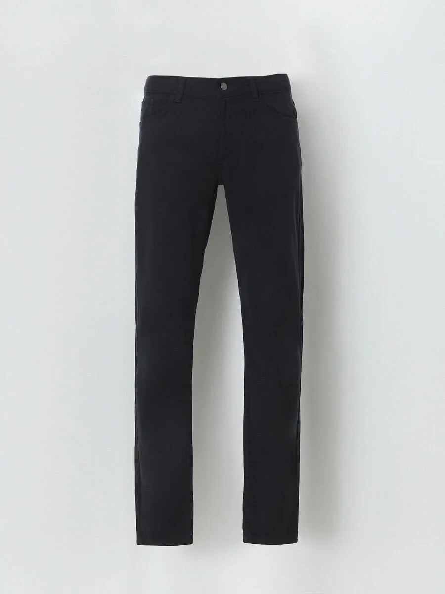 Navy Blue Weaving Slim Fit Casual Cotton Blended Trousers - 5
