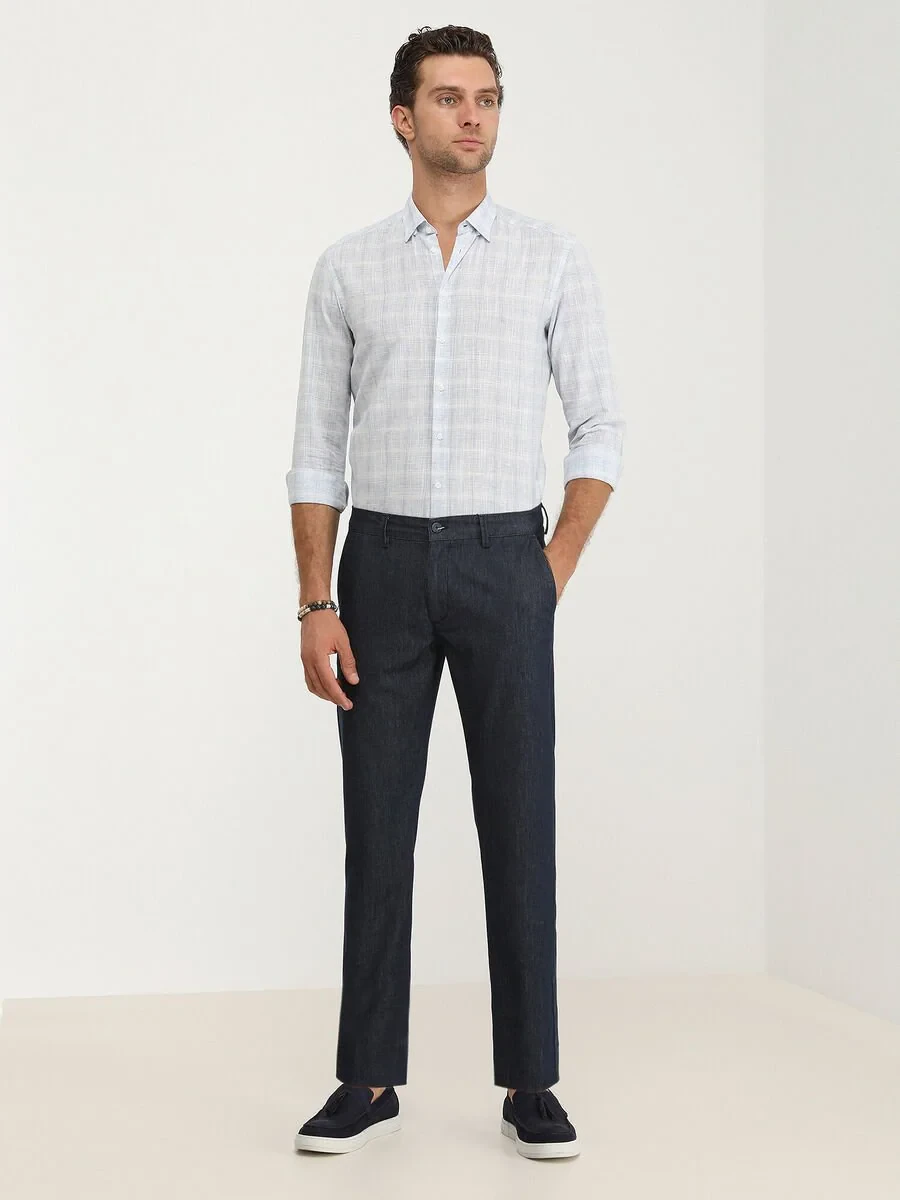 Navy Blue Weaving Slim Fit Casual Cotton Blended Trousers - 2