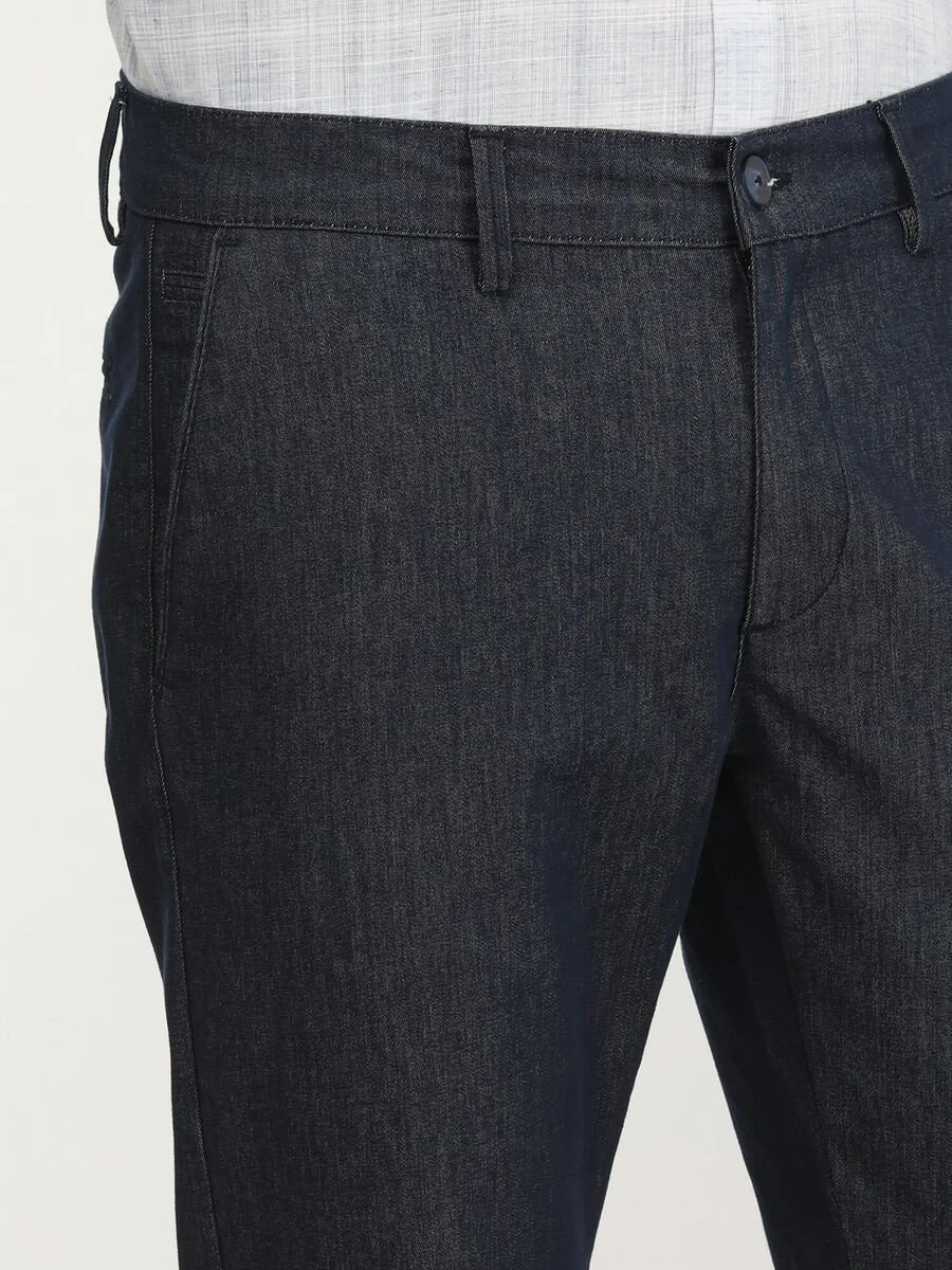 Navy Blue Weaving Slim Fit Casual Cotton Blended Trousers - 3