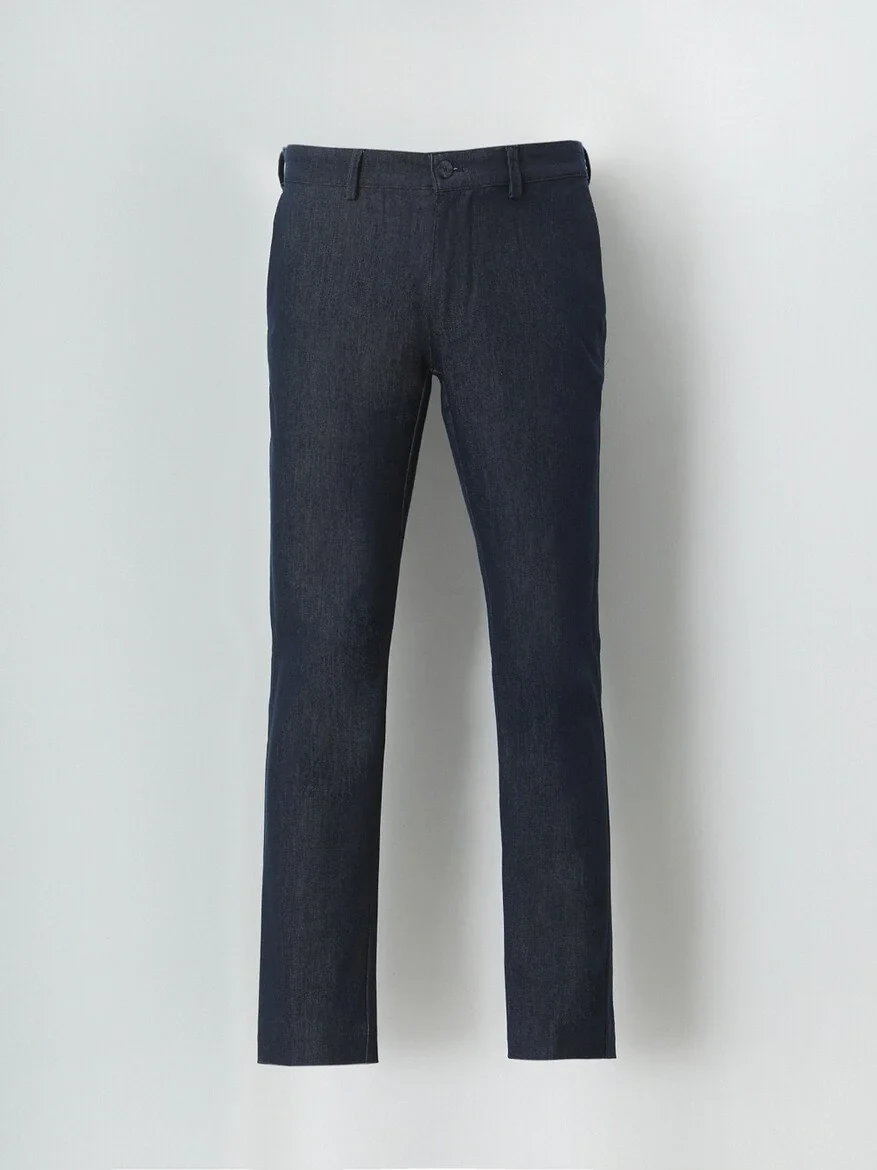 Navy Blue Weaving Slim Fit Casual Cotton Blended Trousers - 5