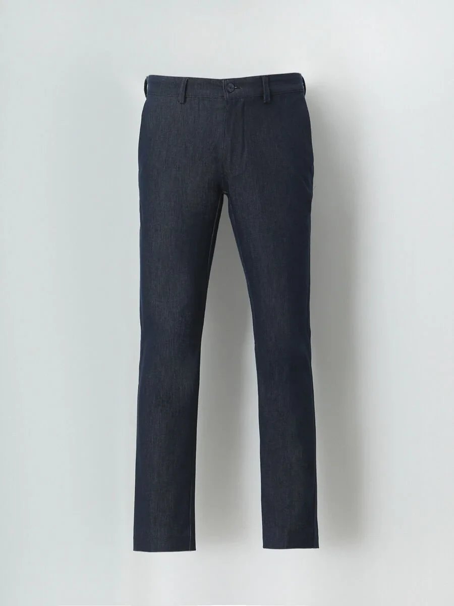 Navy Blue Weaving Slim Fit Casual Cotton Blended Trousers - 5