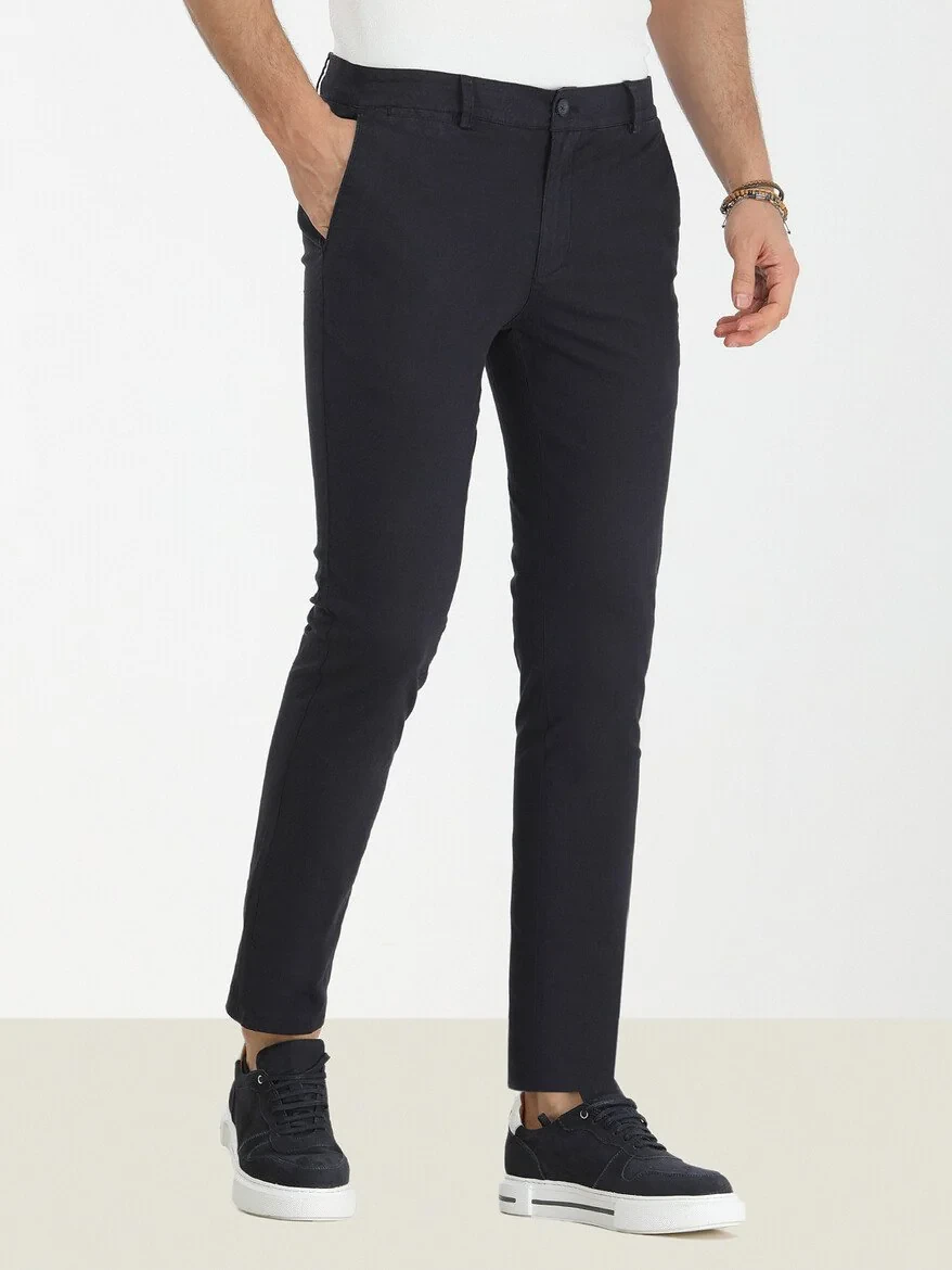 Navy Blue Weaving Slim Fit Casual Cotton Blended Trousers - 1