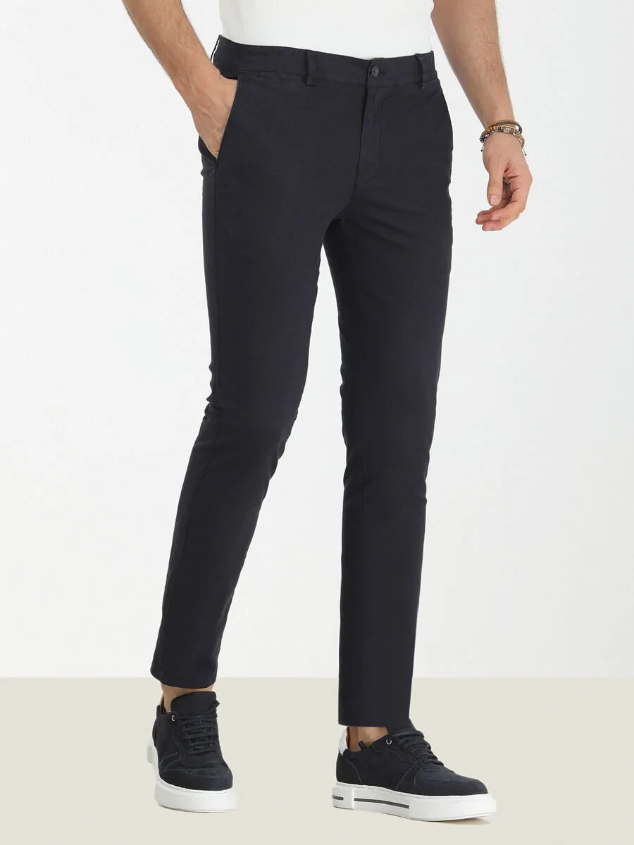 Navy Blue Weaving Slim Fit Casual Cotton Blended Trousers - 1