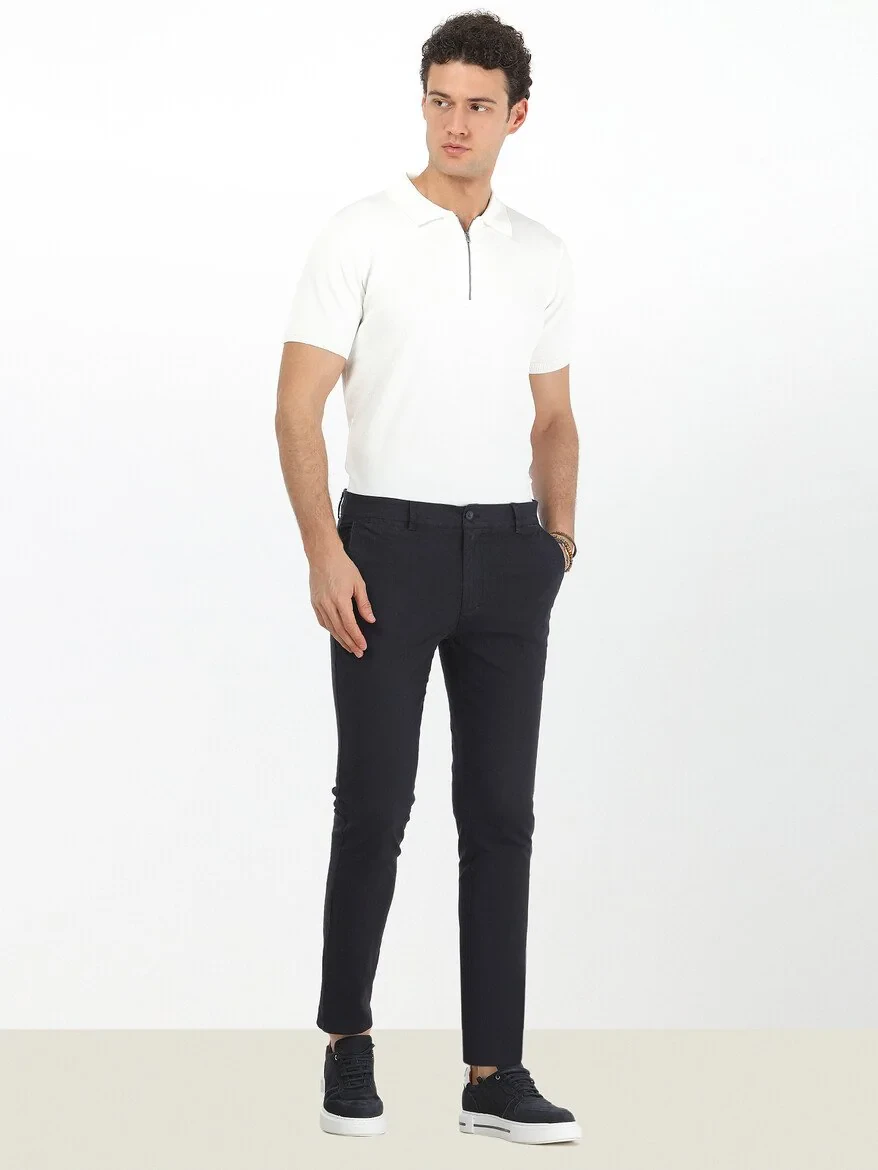 Navy Blue Weaving Slim Fit Casual Cotton Blended Trousers - 2