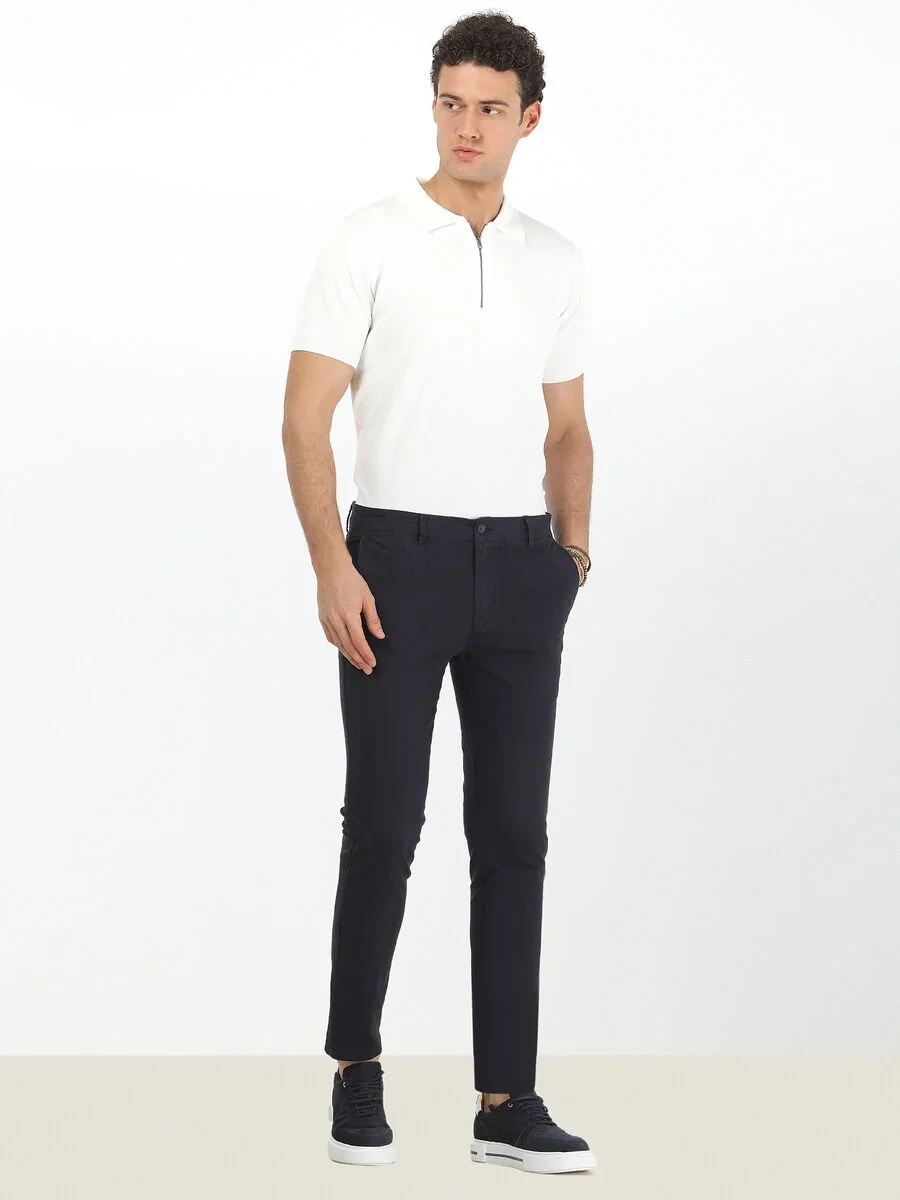 Navy Blue Weaving Slim Fit Casual Cotton Blended Trousers - 2
