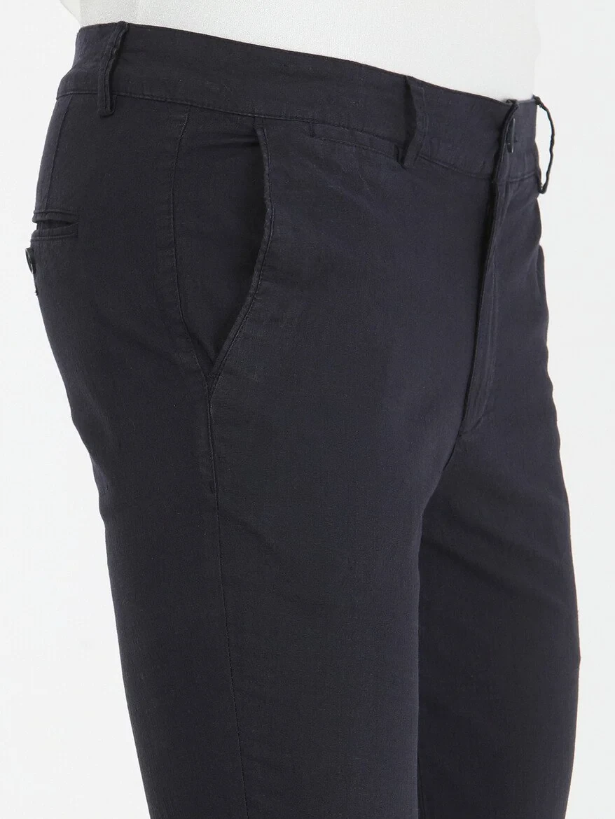 Navy Blue Weaving Slim Fit Casual Cotton Blended Trousers - 3