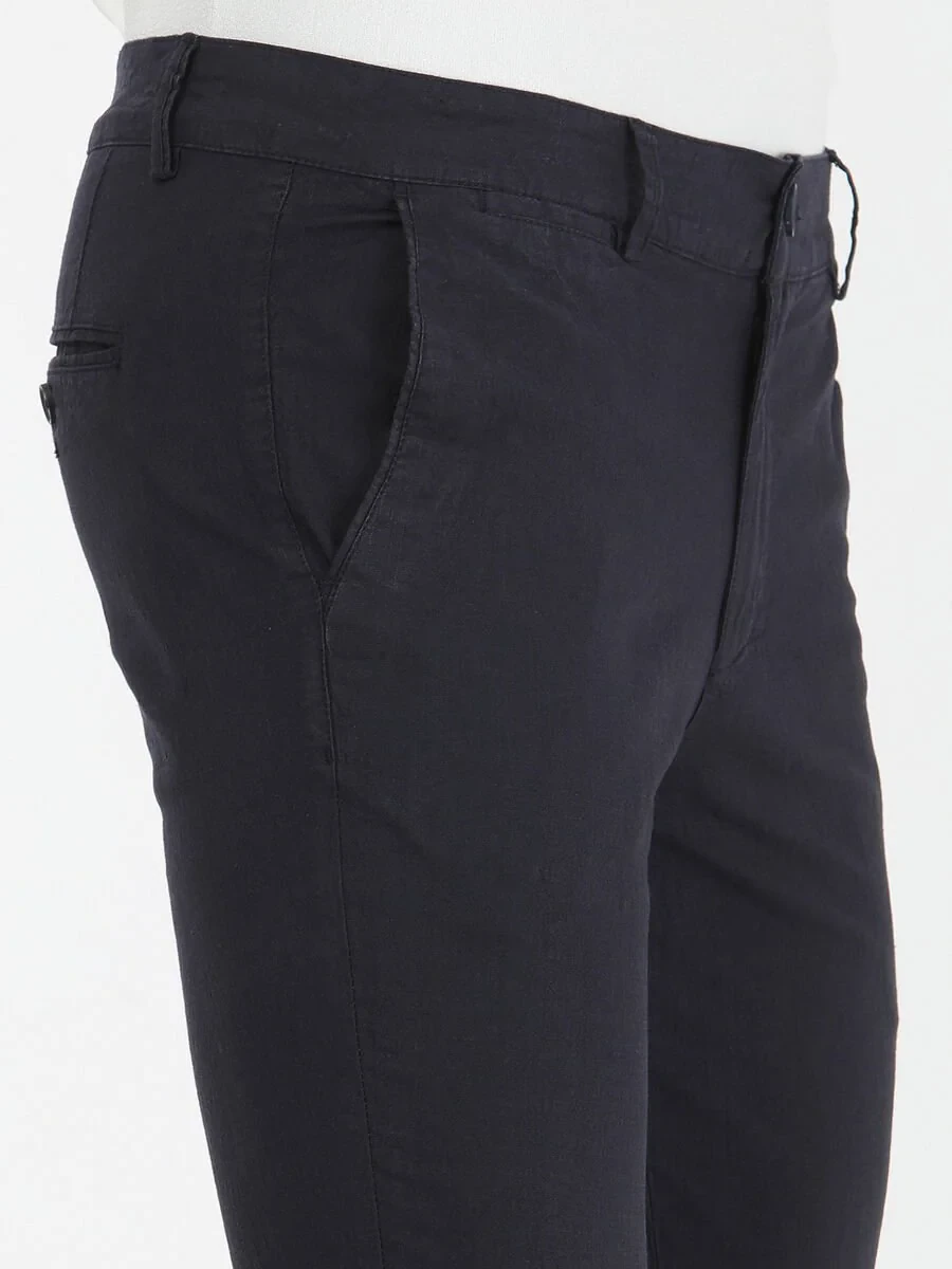 Navy Blue Weaving Slim Fit Casual Cotton Blended Trousers - 3