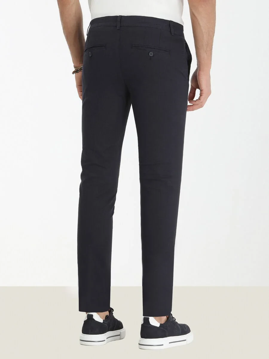 Navy Blue Weaving Slim Fit Casual Cotton Blended Trousers - 4