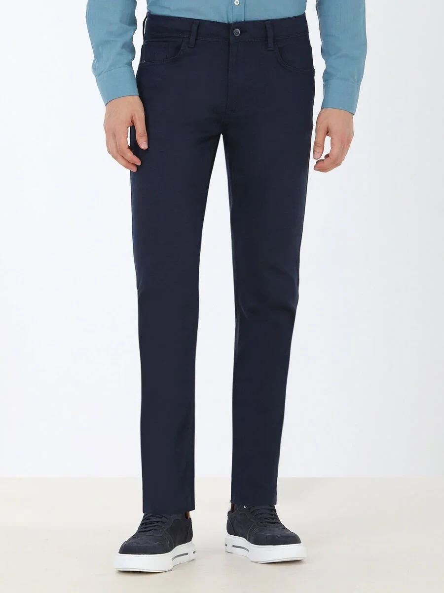 Navy Blue Weaving Slim Fit Casual Cotton Blended Trousers - 1