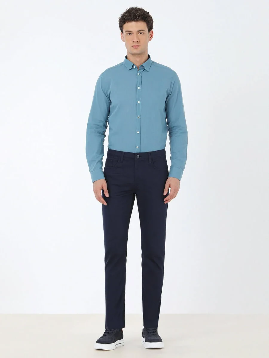 Navy Blue Weaving Slim Fit Casual Cotton Blended Trousers - 2