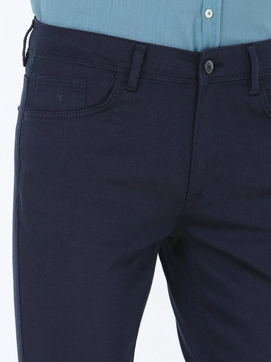 Navy Blue Weaving Slim Fit Casual Cotton Blended Trousers - 3