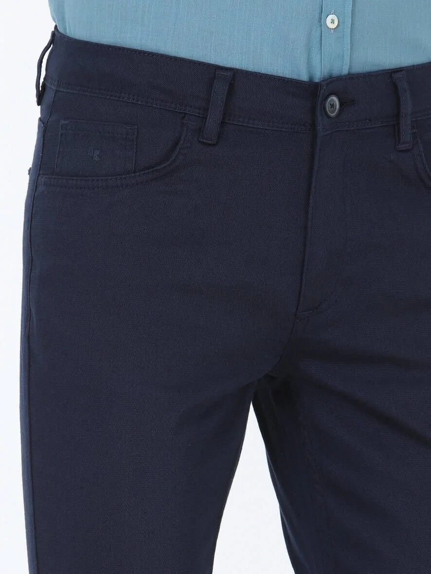 Navy Blue Weaving Slim Fit Casual Cotton Blended Trousers - 3