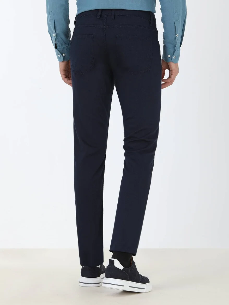 Navy Blue Weaving Slim Fit Casual Cotton Blended Trousers 