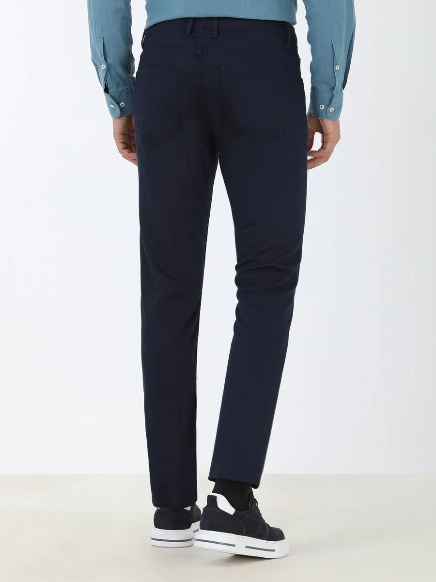 Navy Blue Weaving Slim Fit Casual Cotton Blended Trousers - 4