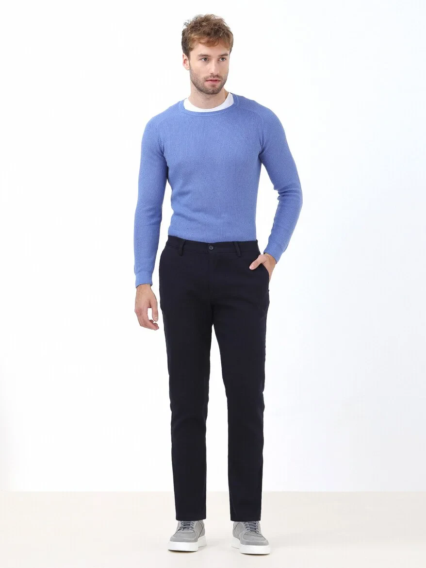 Navy Blue Weaving Slim Fit Casual Cotton Blended Trousers - 2