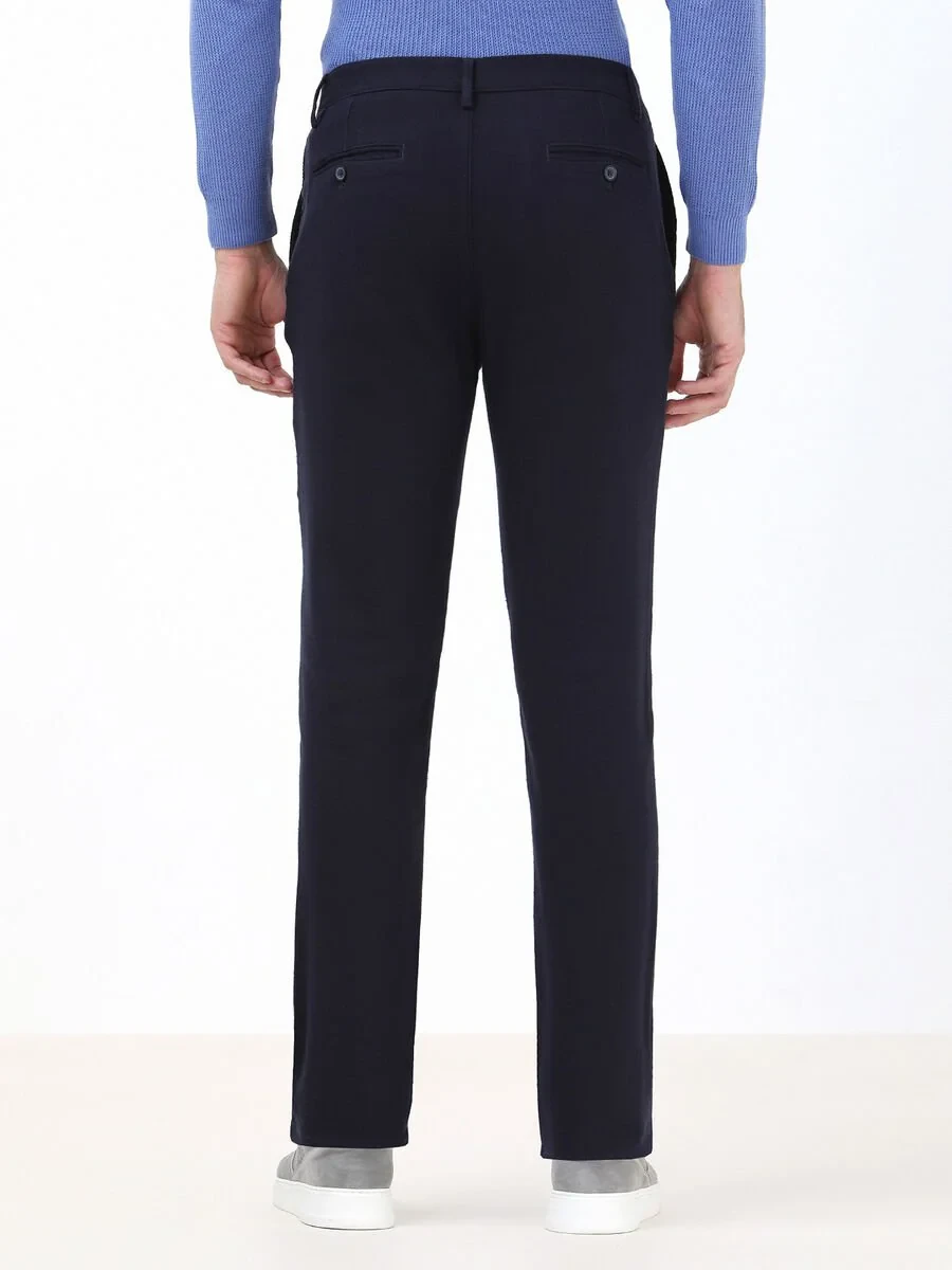 Navy Blue Weaving Slim Fit Casual Cotton Blended Trousers - 5