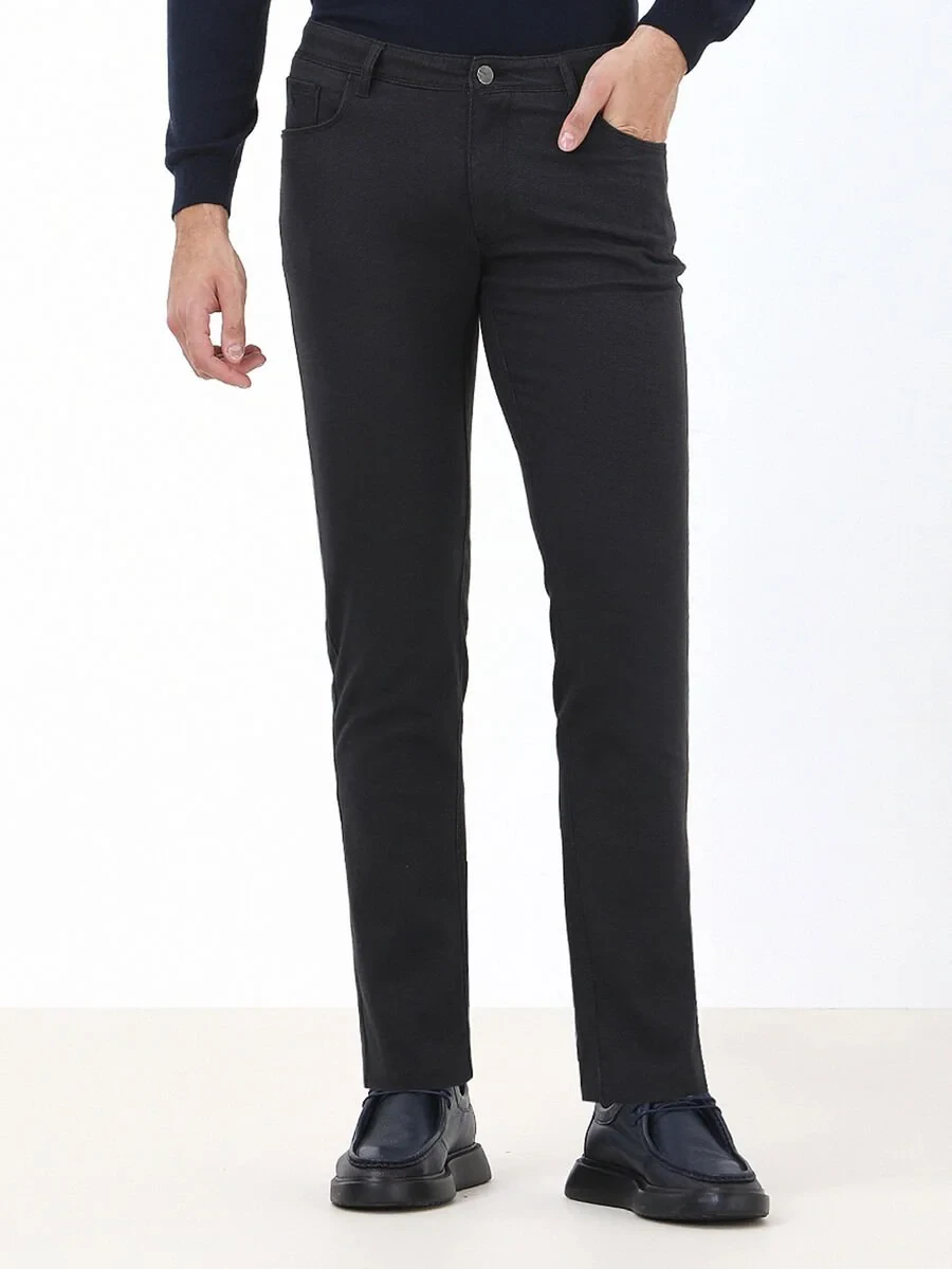 Navy Blue Weaving Slim Fit Casual Cotton Blended Trousers - 1