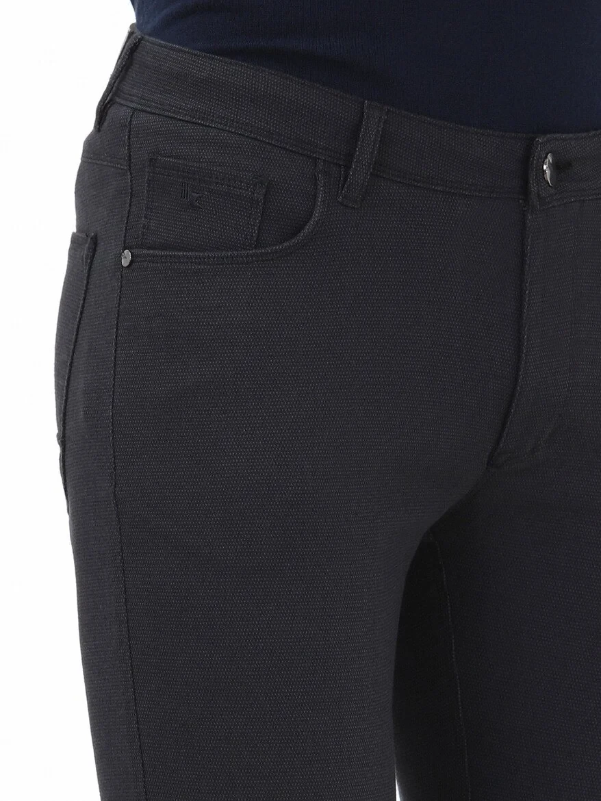 Navy Blue Weaving Slim Fit Casual Cotton Blended Trousers - 2