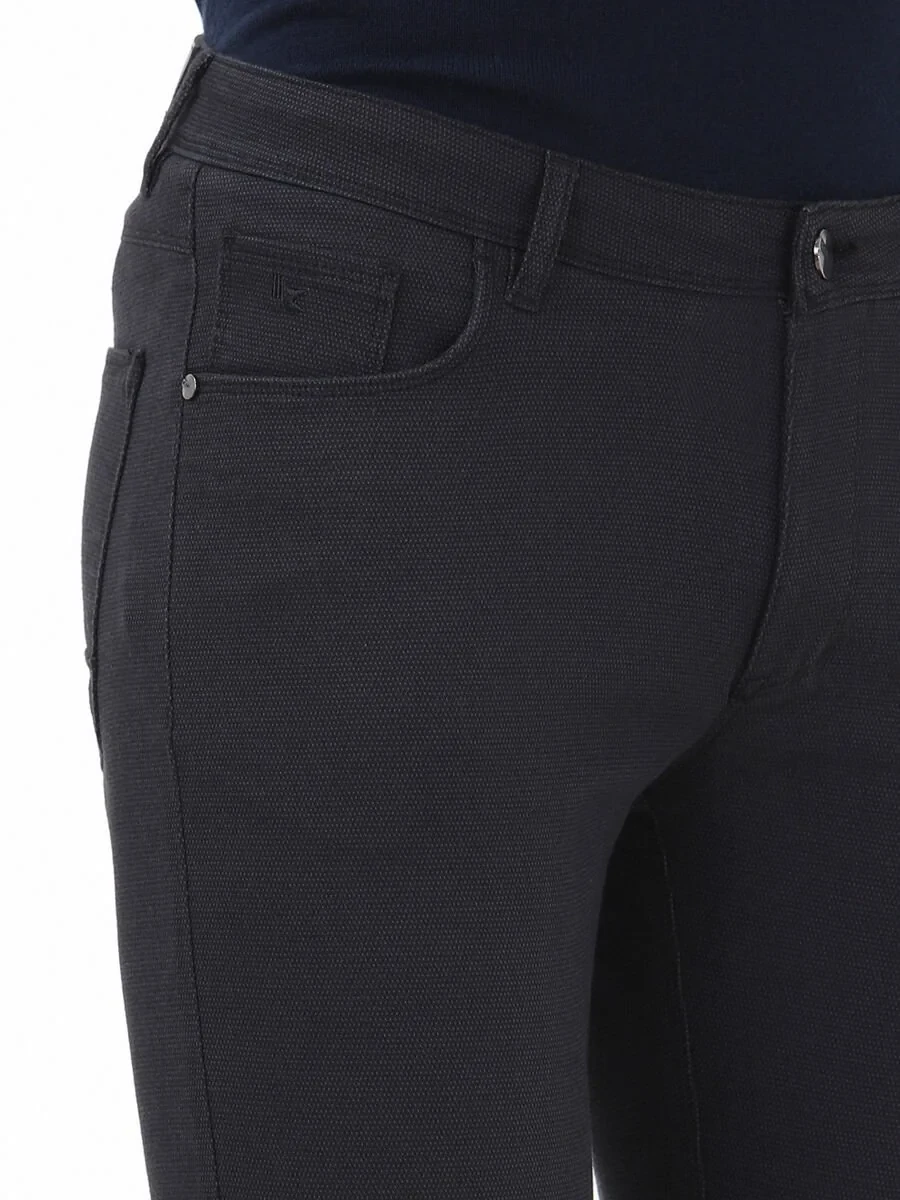 Navy Blue Weaving Slim Fit Casual Cotton Blended Trousers - 2