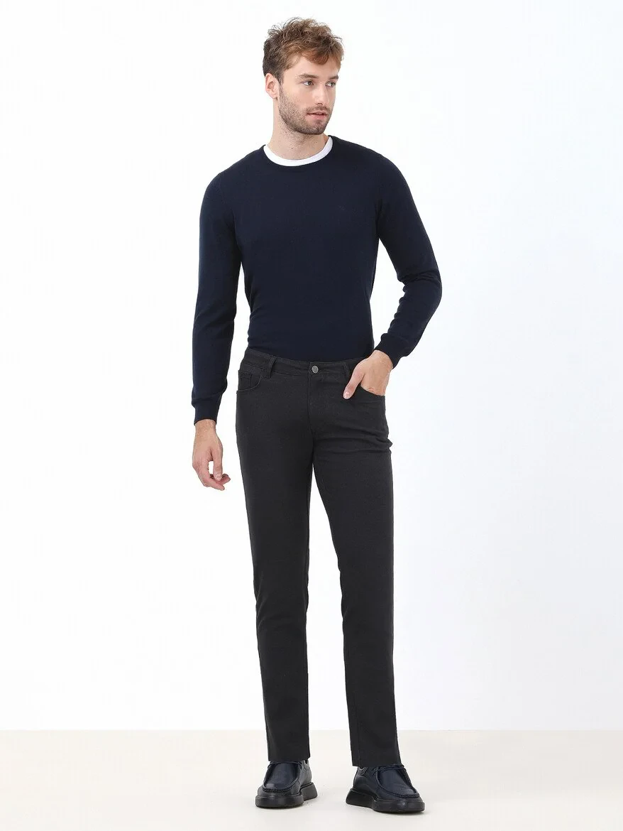 Navy Blue Weaving Slim Fit Casual Cotton Blended Trousers - 3