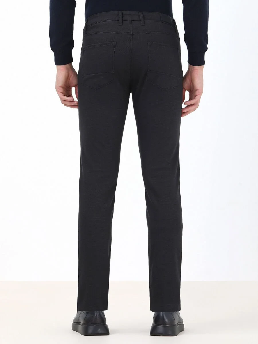 Navy Blue Weaving Slim Fit Casual Cotton Blended Trousers - 4