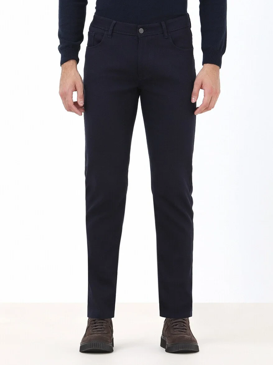 Navy Blue Weaving Slim Fit Casual Cotton Blended Trousers - 1
