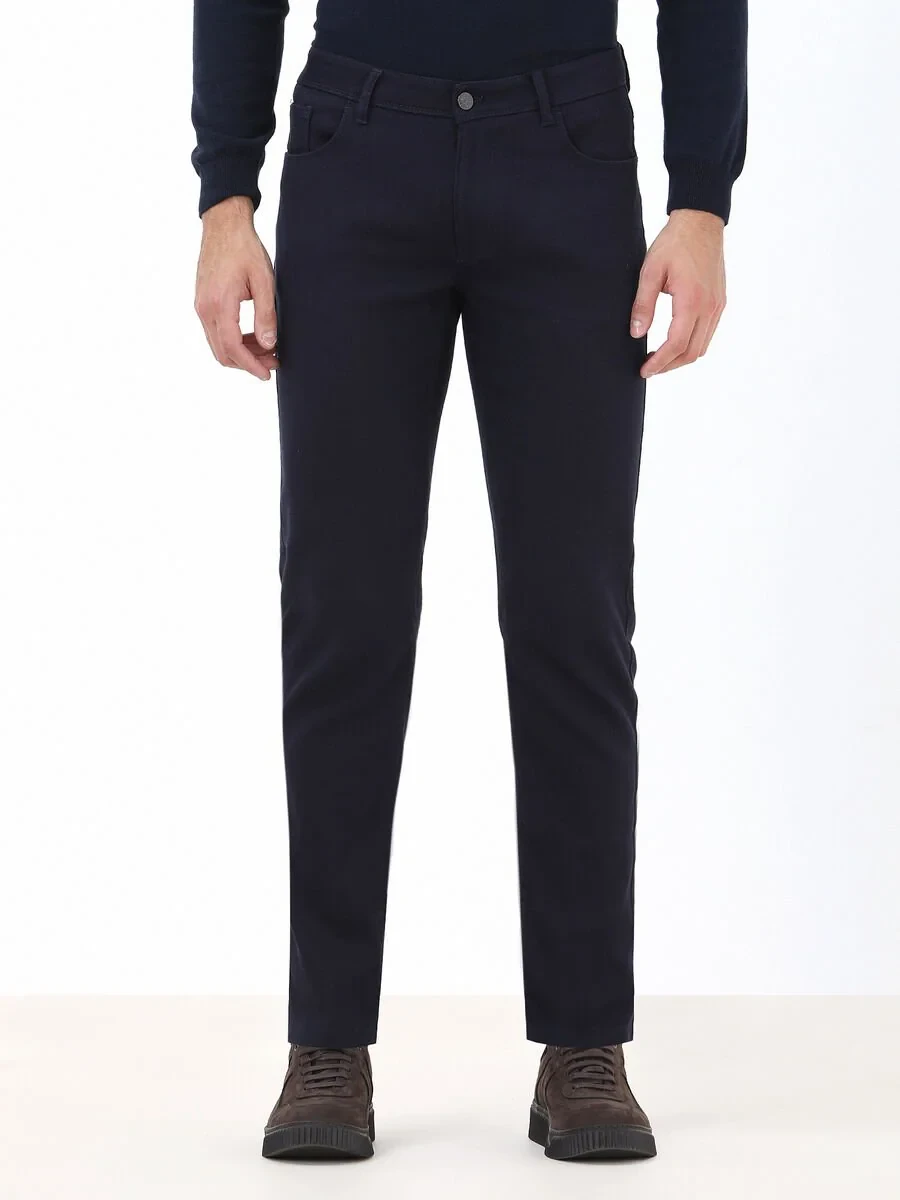 Navy Blue Weaving Slim Fit Casual Cotton Blended Trousers - 1