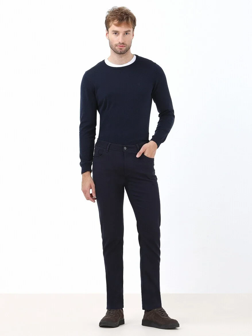 Navy Blue Weaving Slim Fit Casual Cotton Blended Trousers - 2