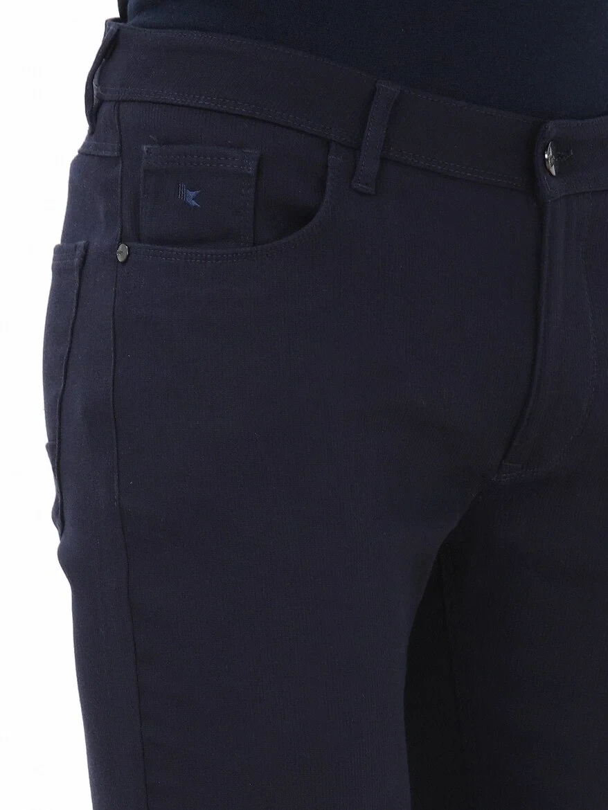 Navy Blue Weaving Slim Fit Casual Cotton Blended Trousers - 3