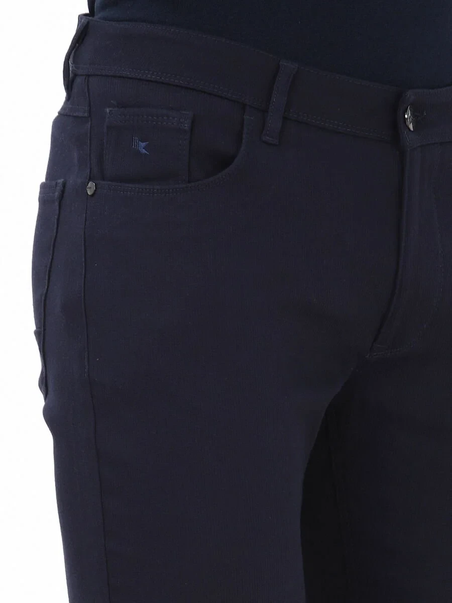 Navy Blue Weaving Slim Fit Casual Cotton Blended Trousers - 3