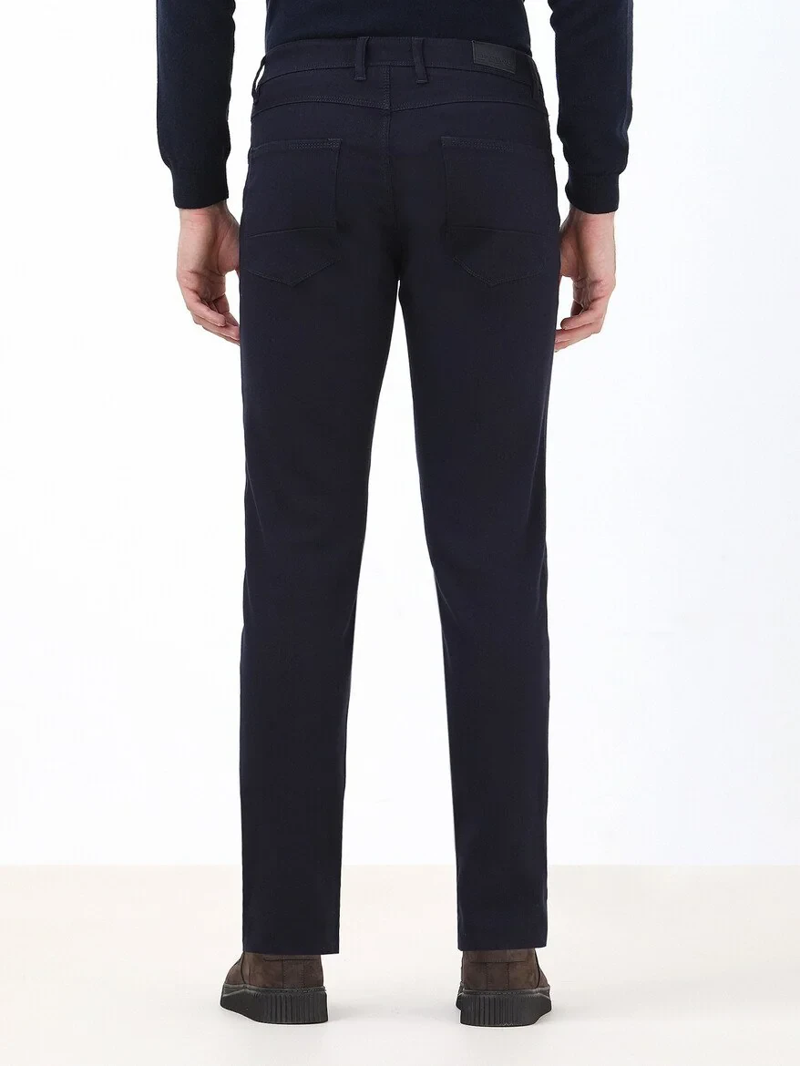 Navy Blue Weaving Slim Fit Casual Cotton Blended Trousers - 4