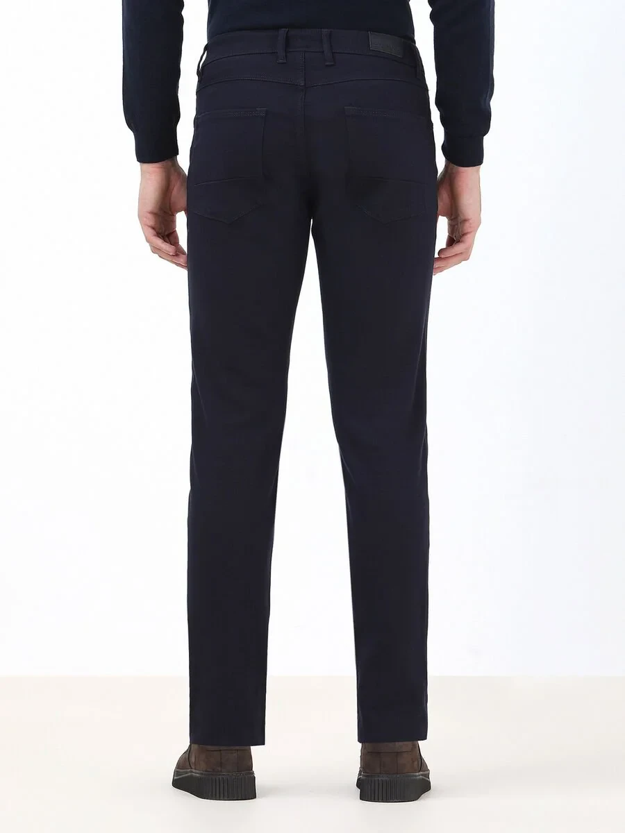 Navy Blue Weaving Slim Fit Casual Cotton Blended Trousers - 4