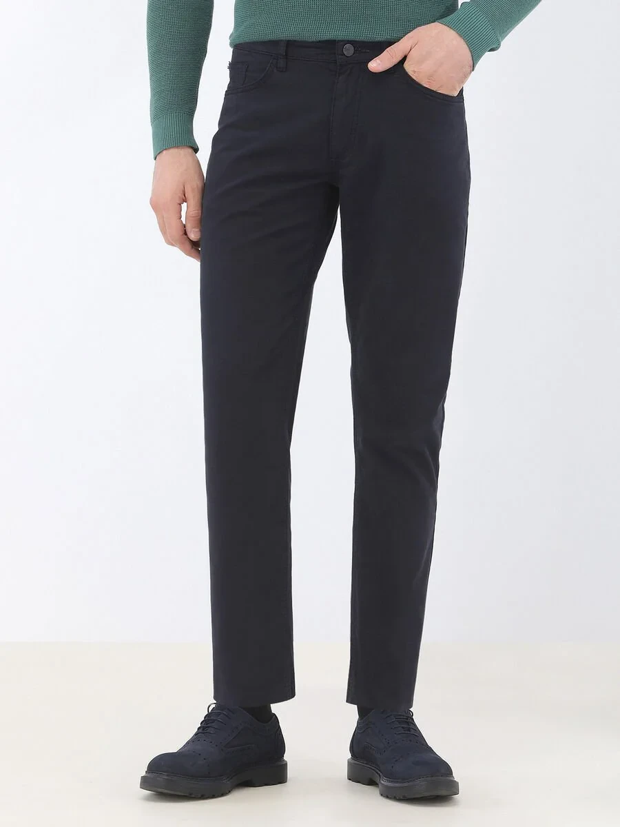 Navy Blue Weaving Slim Fit Casual Cotton Blended Trousers - 1