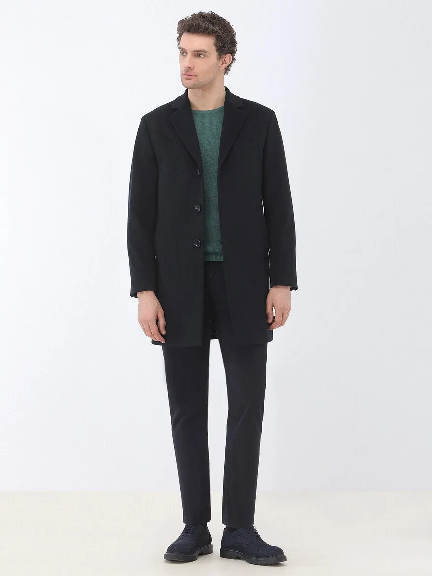 Navy Blue Weaving Slim Fit Casual Cotton Blended Trousers - 3