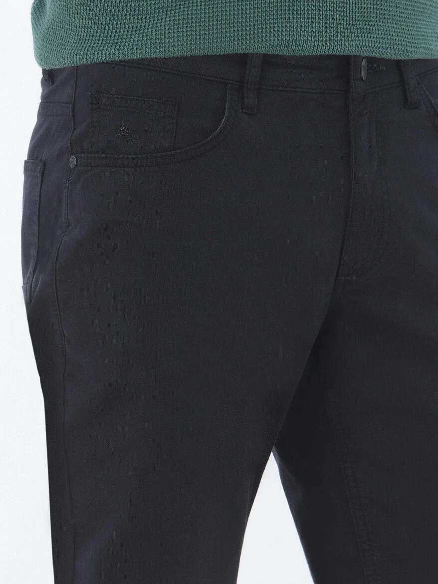 Navy Blue Weaving Slim Fit Casual Cotton Blended Trousers 