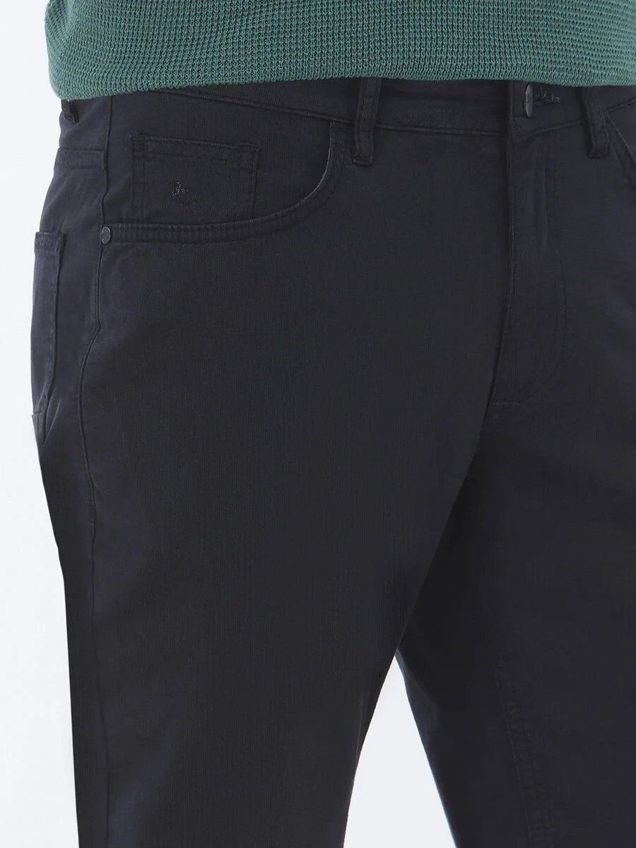 Navy Blue Weaving Slim Fit Casual Cotton Blended Trousers - 4