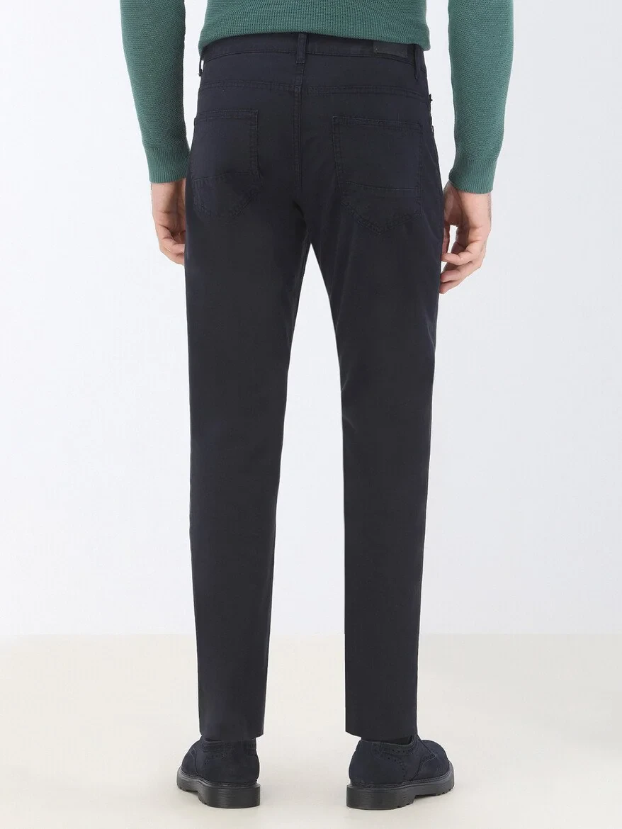 Navy Blue Weaving Slim Fit Casual Cotton Blended Trousers - 5