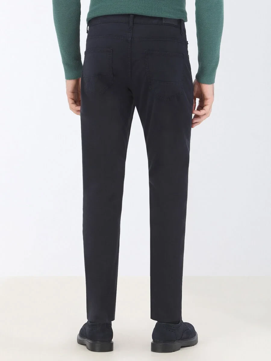 Navy Blue Weaving Slim Fit Casual Cotton Blended Trousers - 5