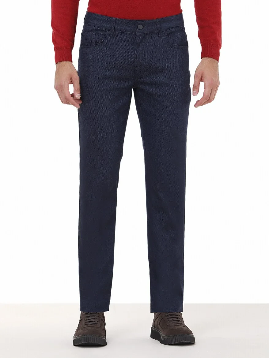 Navy Blue Weaving Slim Fit Casual Cotton Blended Trousers - 1