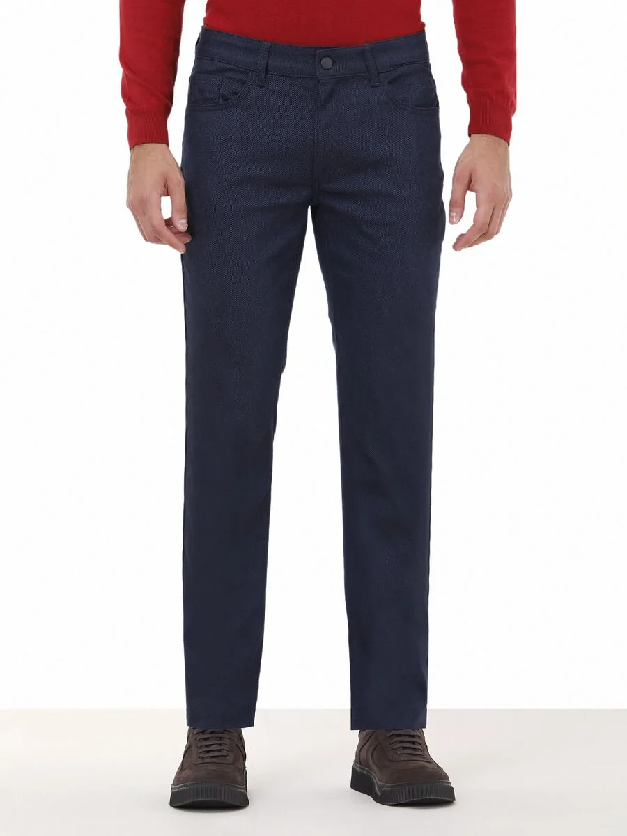 Navy Blue Weaving Slim Fit Casual Cotton Blended Trousers - 1