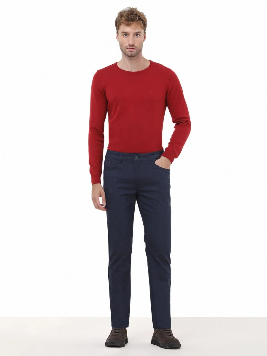 Navy Blue Weaving Slim Fit Casual Cotton Blended Trousers - 2