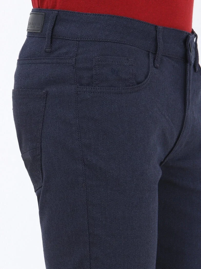 Navy Blue Weaving Slim Fit Casual Cotton Blended Trousers - 3
