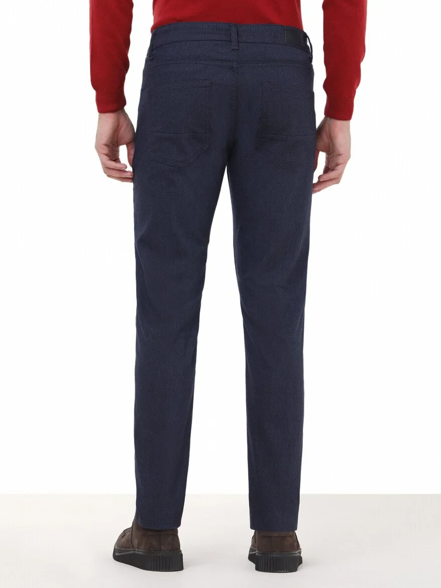 Navy Blue Weaving Slim Fit Casual Cotton Blended Trousers - 4