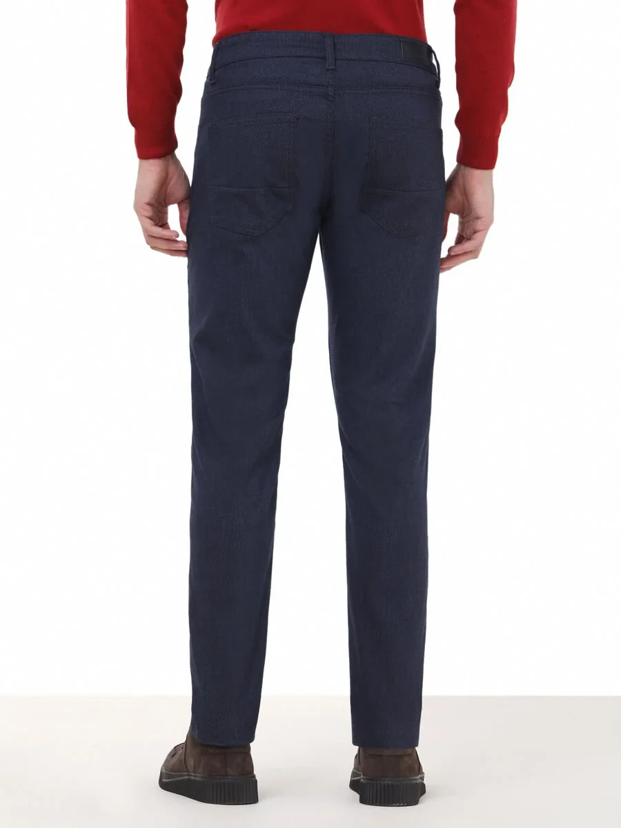 Navy Blue Weaving Slim Fit Casual Cotton Blended Trousers - 4
