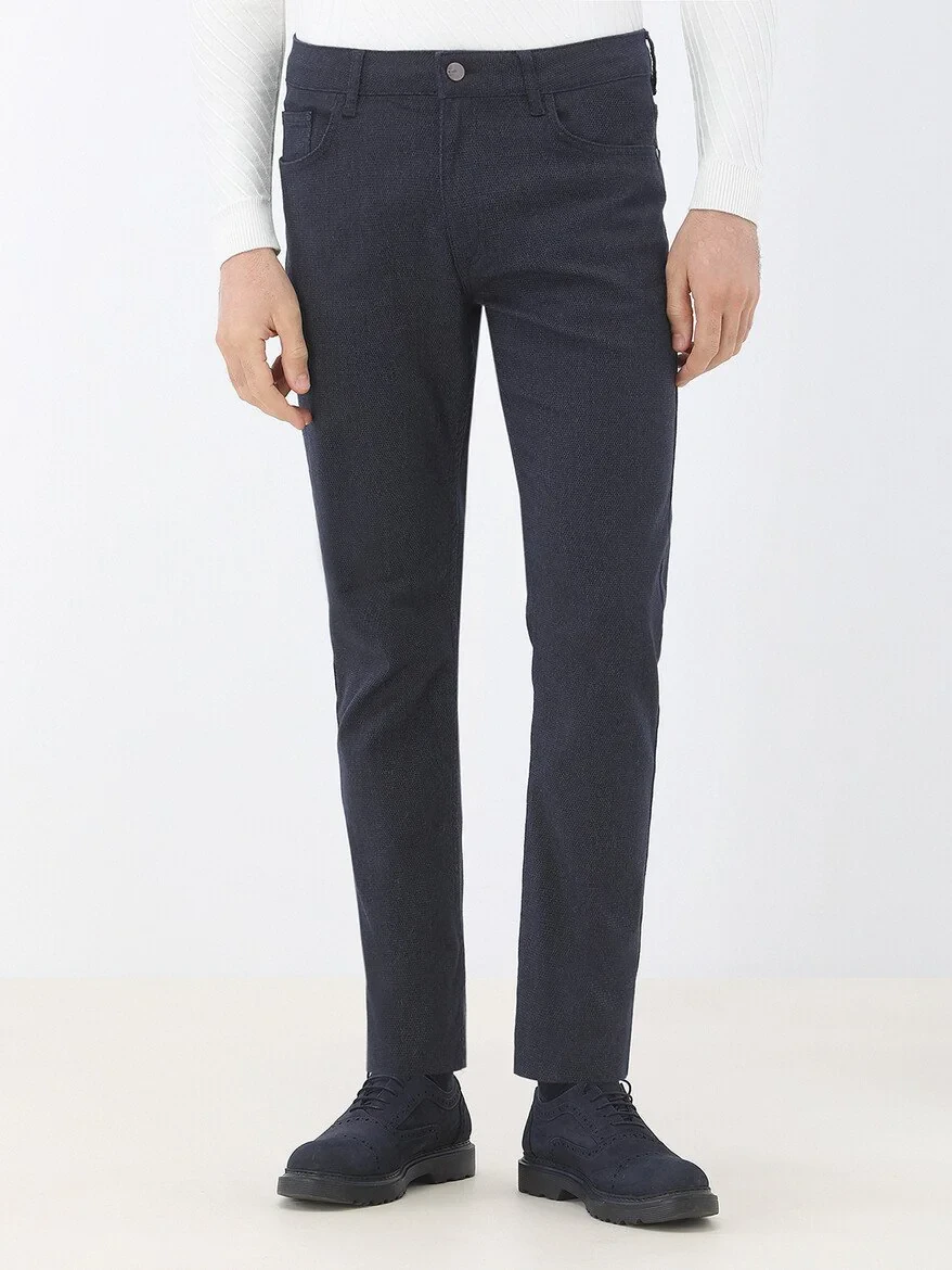 Navy Blue Weaving Slim Fit Casual Cotton Blended Trousers - 1